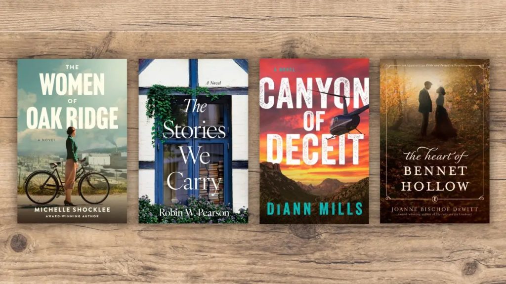 What should your next novel be? Quiz header image featuring The Women of Oak Ridge by Michelle Shocklee, The Stories We Carry by Robin Pearson, Canyon of Deceit by DiAnn Mills, and The Heart. Bennet Hollow by Joanne Bischof DeWitt