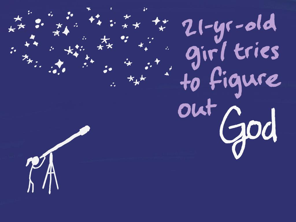 21-Year-Old Girl Tries to Figure out God: A Tour Through the Quiet Questions of a Sunday Morning
Illustration depicting stick figuring girl looking up through telescope.