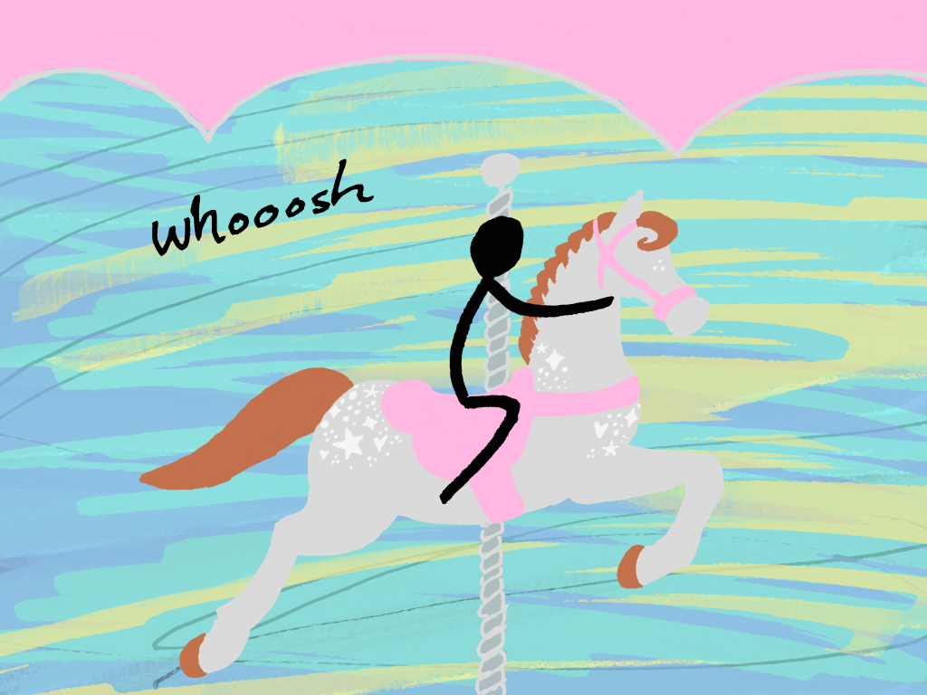 Stick figure rides on a sparkly merry-go-round horse. A "whoosh" of colors blurs the background behind the horse.